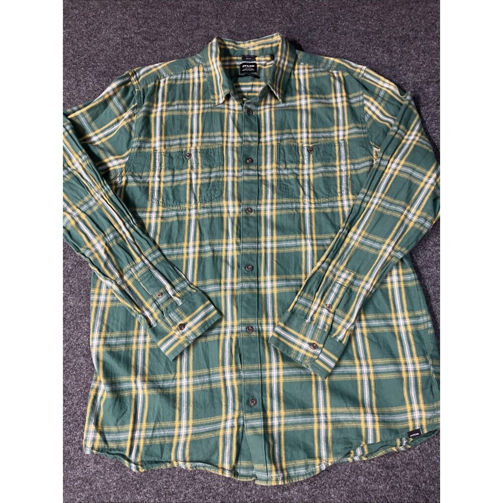 prAna Button Up Flannel Shirt Men's Green Yellow Plaid XL Tall Long Sleeve